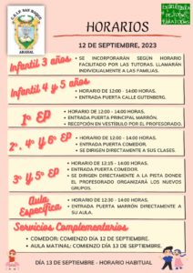 horarios de entrada para el curso 2023-2024 en CEIP San Roque de Arahal